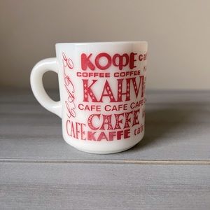 Vintage Milk Glass Mug Coffee Many Languages Red Cafe Kaffe Kawa Caffee